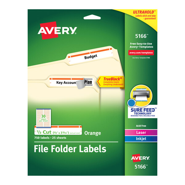 A green and white package of Avery file folder labels with a white background.