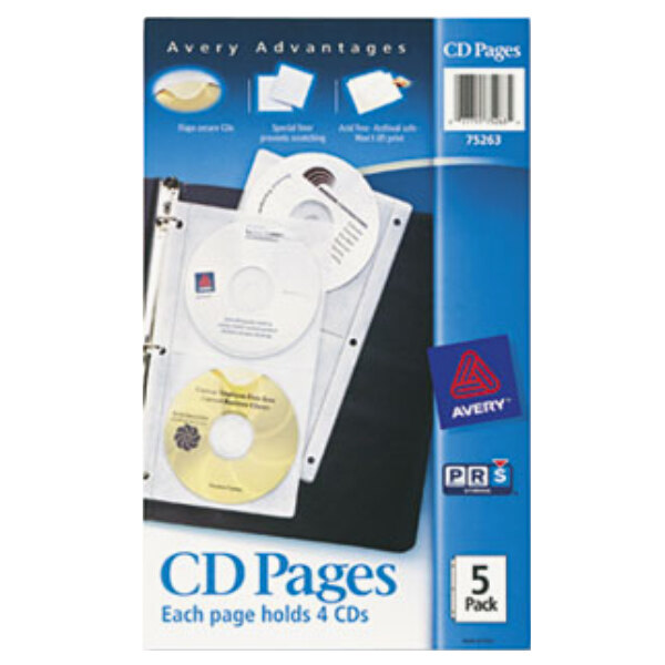 A package of blue and white Avery CD organizer sheets for three-ring binders with several CD's in a binder.