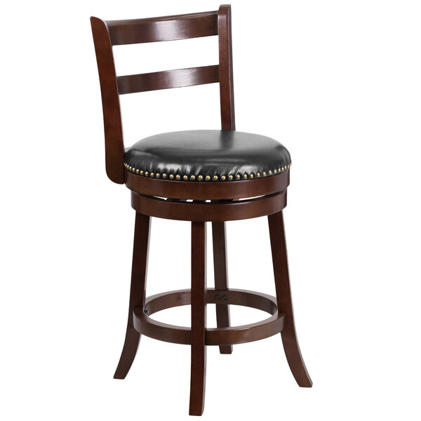 Flash Furniture TA-16026-CA-GG Cappuccino Wood Counter Height Ladder Back Stool with Black Leather Swivel Seat