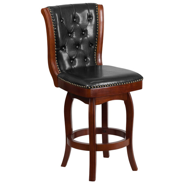Flash Furniture TA-240126-CA-GG Cappuccino Wood Counter Height Button Tufted Back Stool with Black Leather Swivel Seat