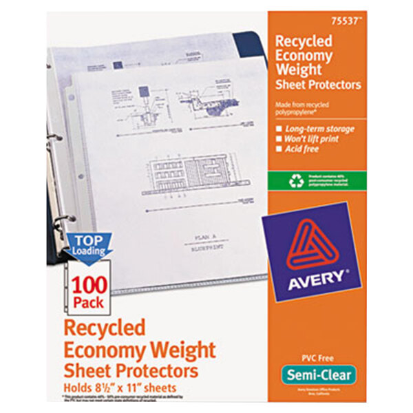 A package of 100 Avery® semi-clear recycled economy weight sheet protectors with a blue and red logo.