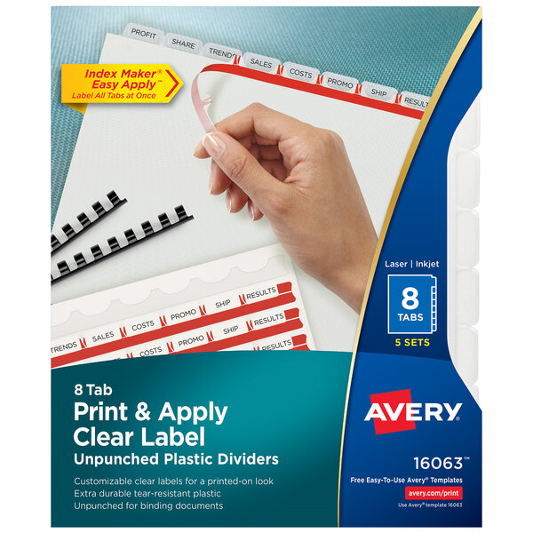 Avery® 16063 Index Maker 8-Tab Unpunched Plastic Clear Label Dividers Set - 5/Pack