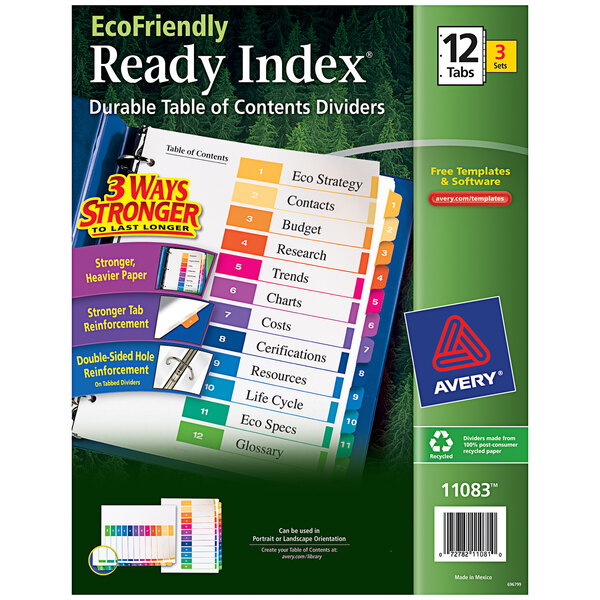 Avery® 11083 EcoFriendly Ready Index 12-Tab Multi-Color Table of Contents Divider Set - 3/Pack