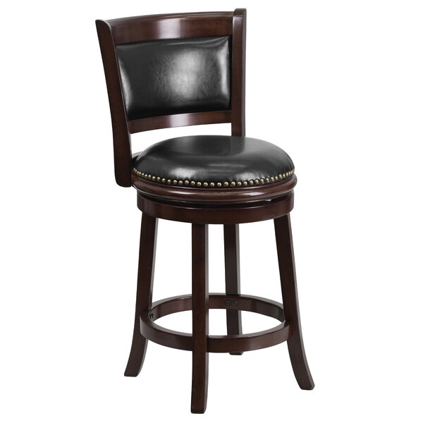 Flash Furniture TA-61024-CA-CTR-GG Cappuccino Wood Counter Height Panel Back Stool with Black Leather Swivel Seat
