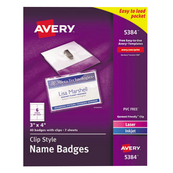 A purple and white package of Avery clip style name badge holders with a black border and a clip.