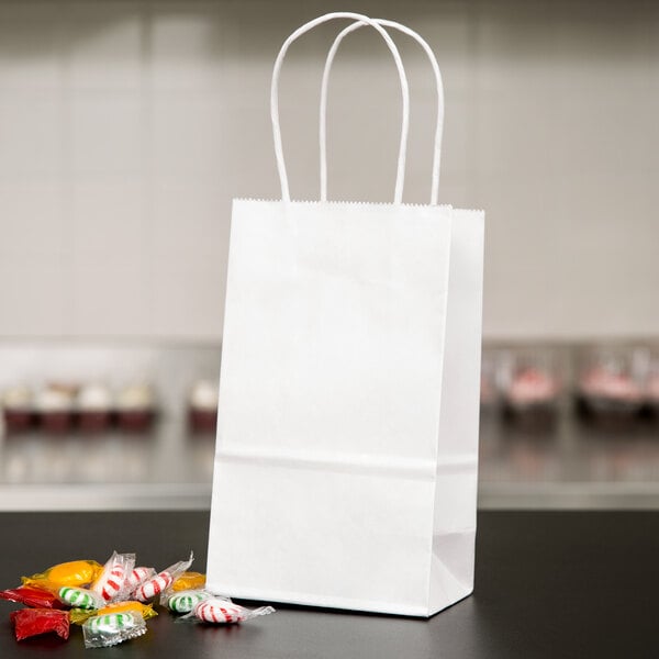 Duro Gem White Paper Shopping Bag with Handles 5 1/4" x 3 1/4" x 8 3/8" - 250/Bundle