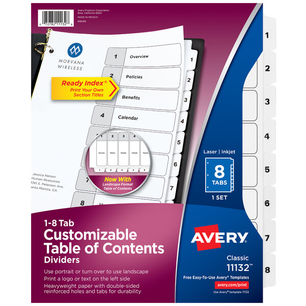 Avery® 11132 Ready Index 8-Tab White Table of Contents Dividers