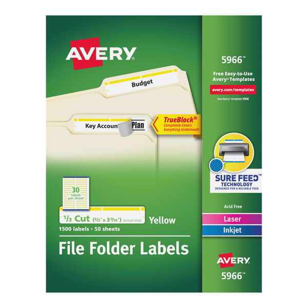 A green and yellow package of Avery file folder labels with a white background.