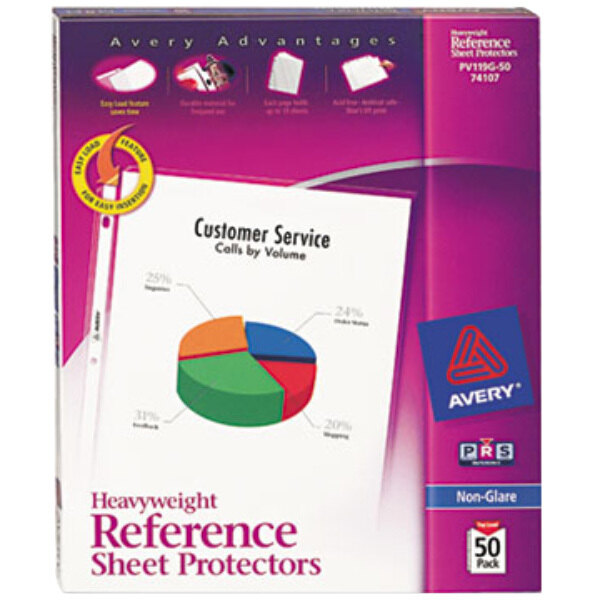 A purple box of Avery sheet protectors with a white sheet protector inside.