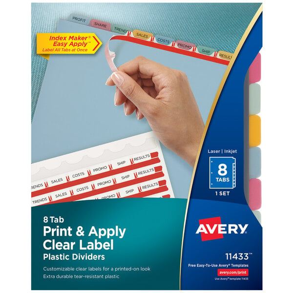 Avery® 11433 Index Maker 8-Tab Multi-Color Translucent Plastic Divider Set with Clear Label Strip