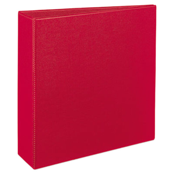 A red Avery binder with a white label on the spine.