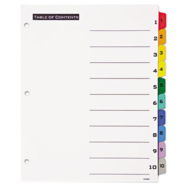 A white file with Avery Table 'n Tabs Multi-Color Dividers with 10 tabs.