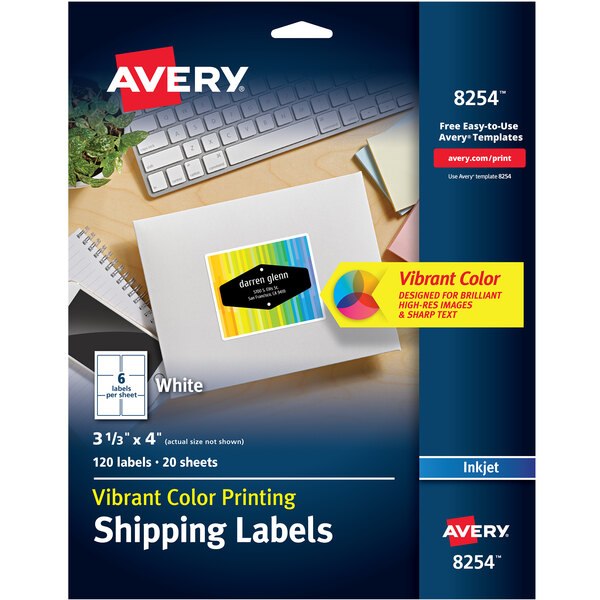A package of 120 Avery Matte White color-printing shipping labels with a close-up of the paper.