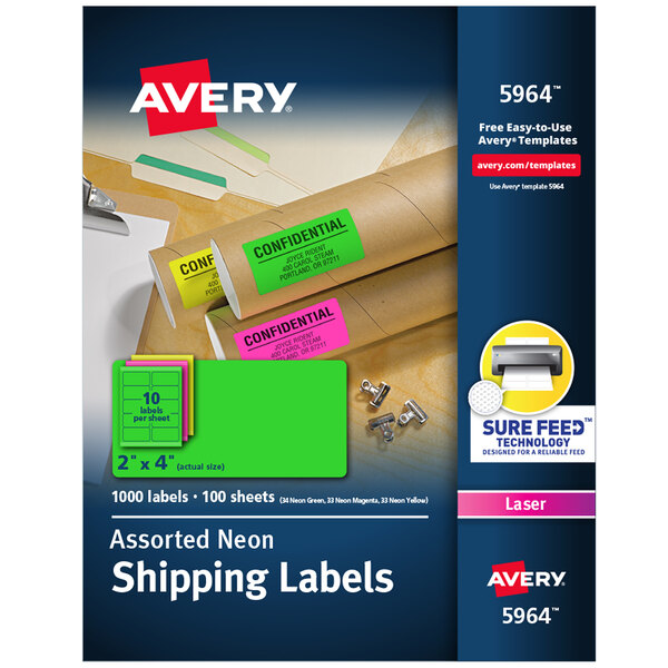 A box of Avery® mailing labels with a yellow and blue cover.