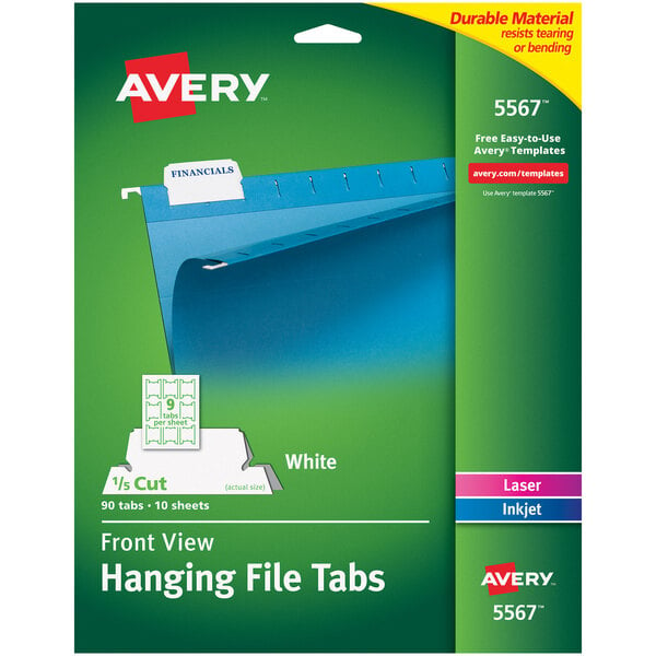 A package of 90 white Avery printable hanging file tabs with a blue and green label.