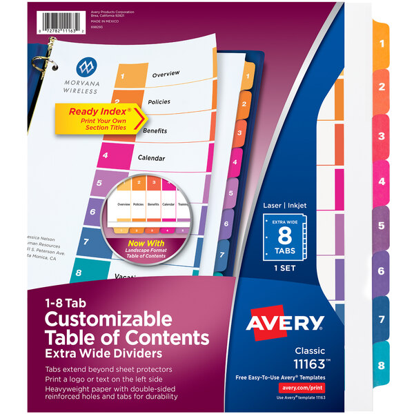 Avery Ready Index multicolor tabbed dividers on a table.