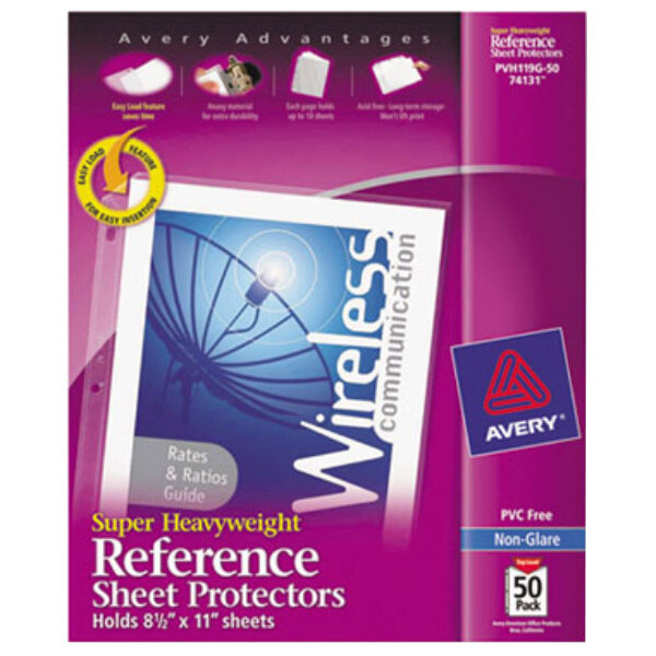 A purple box of Avery sheet protectors with a white and blue label.