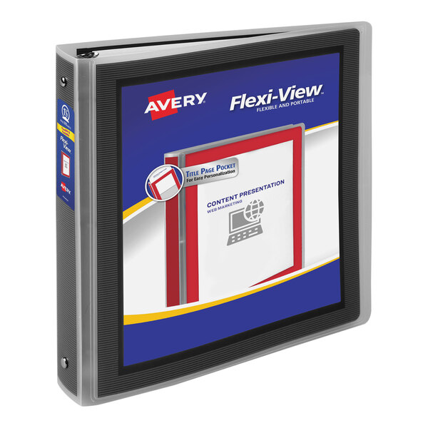 A black Avery Flexi-View binder with silver rings.