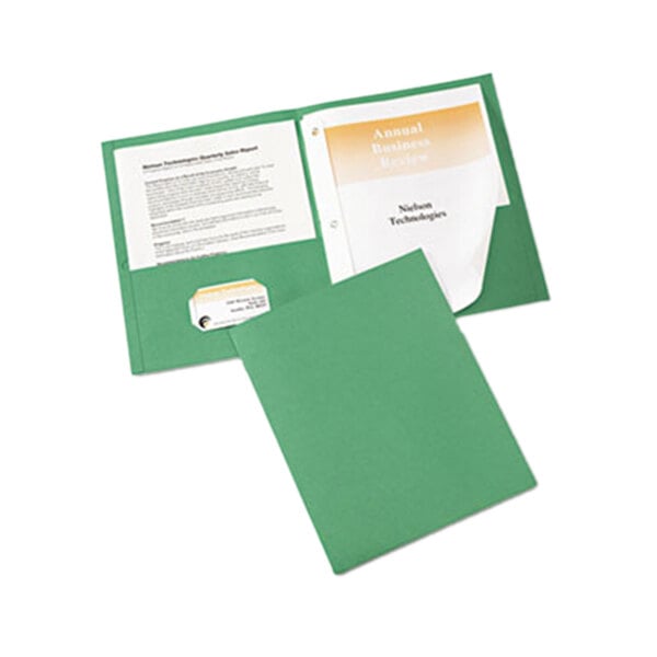 A green Avery folder with papers and a business card.