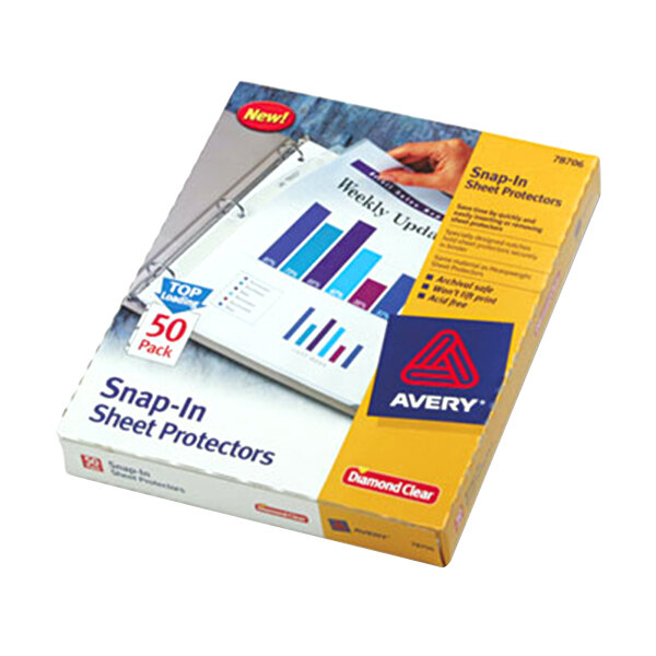 A yellow box of Avery Diamond Clear Snap-In Sheet Protectors.