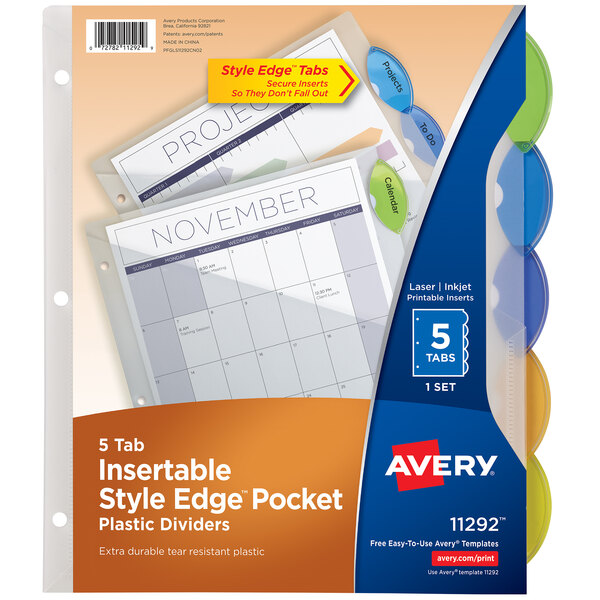 Avery® Style Edge Translucent Plastic 5-Tab Multi-Color Insertable Dividers with Pockets