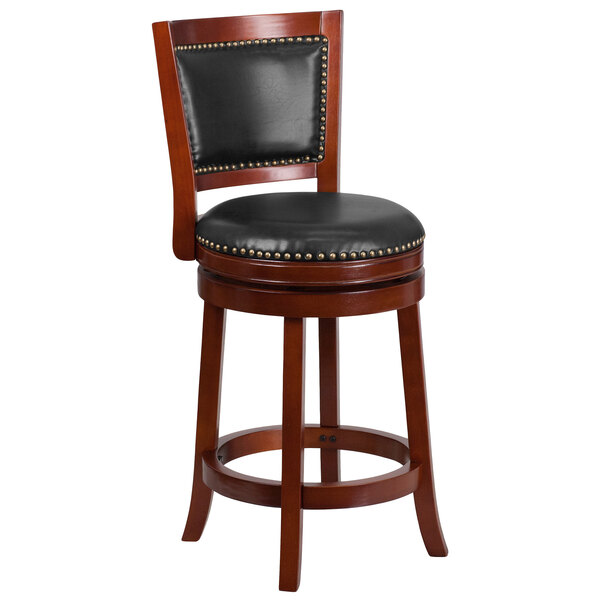 Flash Furniture TA-355526-DC-CTR-GG Dark Cherry Counter Height Panel Back Stool with Walnut Leather Swivel Seat