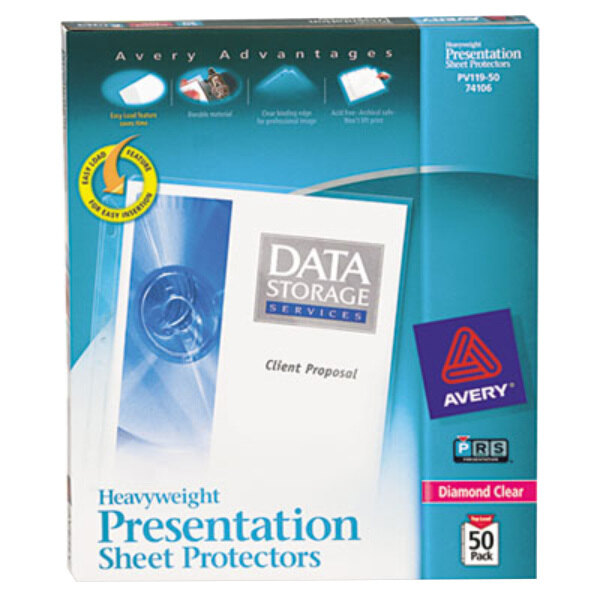 A blue box of Avery Diamond Clear Heavy Weight Top-Load Sheet Protectors with a yellow and black Avery logo.