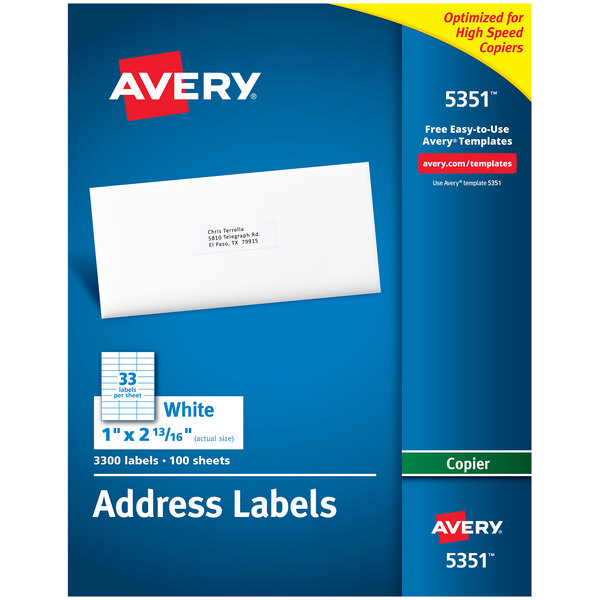 A blue box of white Avery Mailing Address Labels with a white envelope.