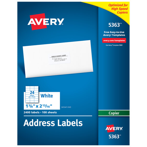 A blue and yellow package of white Avery Mailing Address Labels with a white envelope with a black and white label.