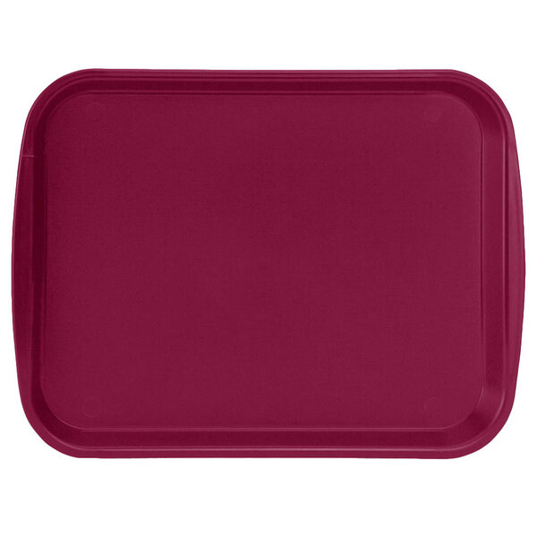 A red rectangular Vollrath fast food tray with built-in handles.