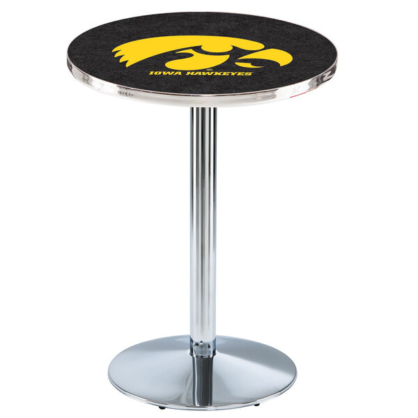 A round black pub table with the University of Iowa Hawkeyes logo on it and a chrome base.