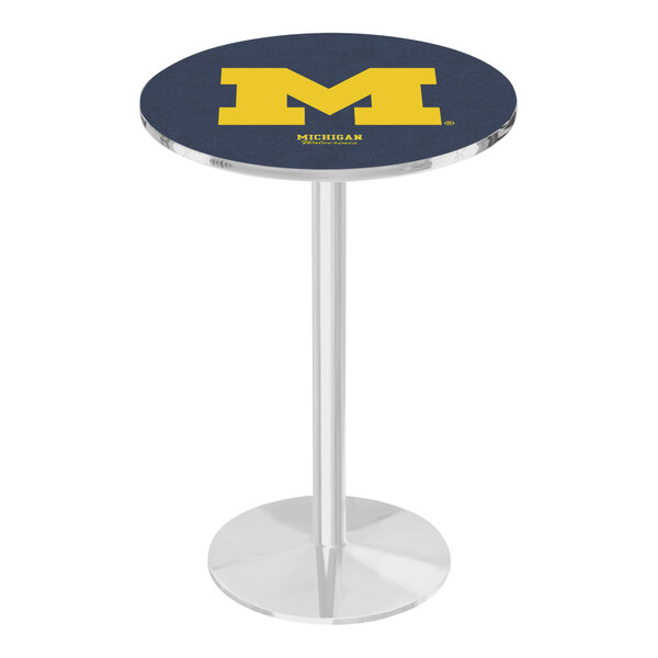 A round blue University of Michigan pub table with a yellow and blue logo on the top.