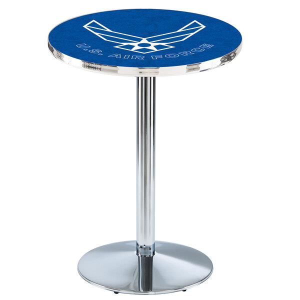 A blue Holland Bar Stool table with a white United States Air Force logo on the surface and chrome legs.