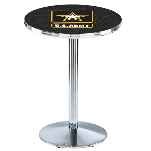 A round black United States Army logo pub table on a chrome base.
