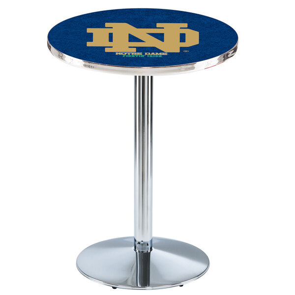 A Holland Bar Stool Notre Dame University pub table with a logo on the blue surface.