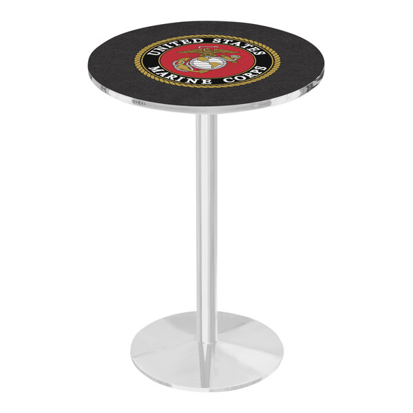 A round black and white marble Holland Bar Stool table top with a United States Marine Corps logo.