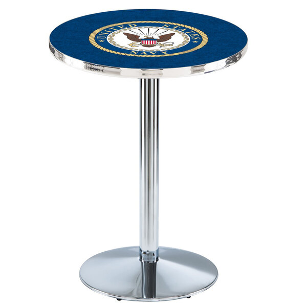 A round navy blue Holland Bar Stool table with a United States Navy logo on the surface and a chrome base.