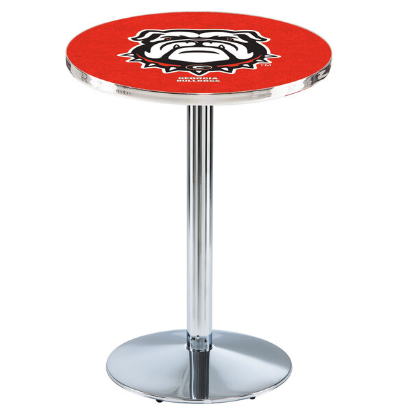A red table top with the University of Georgia bulldog logo and chrome base.
