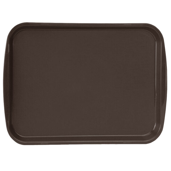 A brown rectangular plastic fast food tray with built-in black handles.