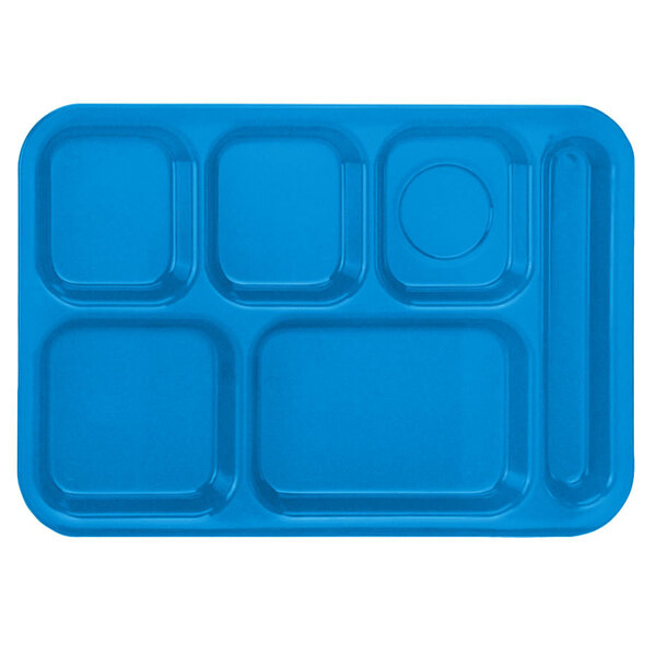 A blue rectangular Vollrath tray with six compartments.