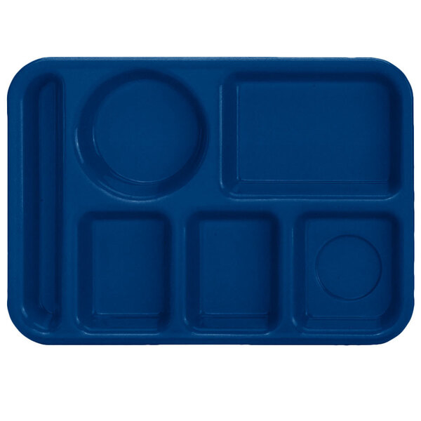 A blue Vollrath rectangular tray with 6 compartments.