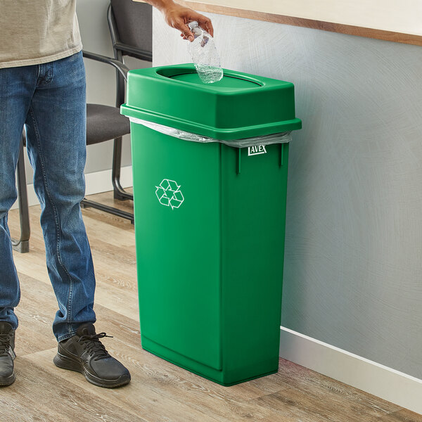 Lavex 23 Gallon Green Slim Rectangular Recycling Can and Green Drop Shot Lid