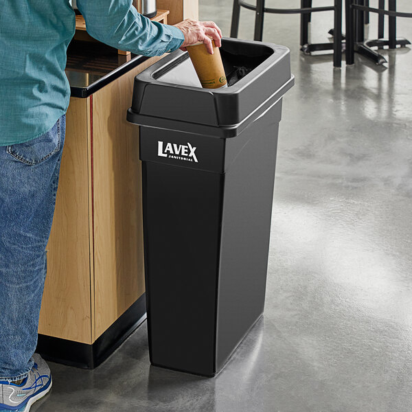Lavex 23 Gallon Black Slim Rectangular Trash Can and Black Drop Shot Lid