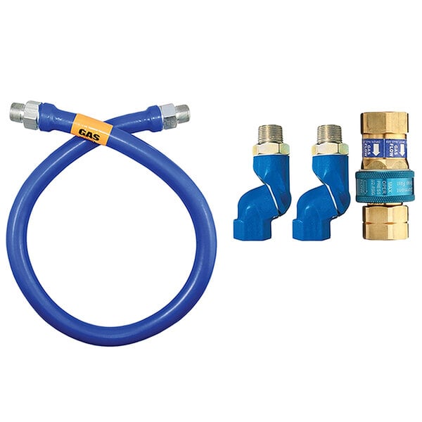 A blue hose with two yellow brass fittings.