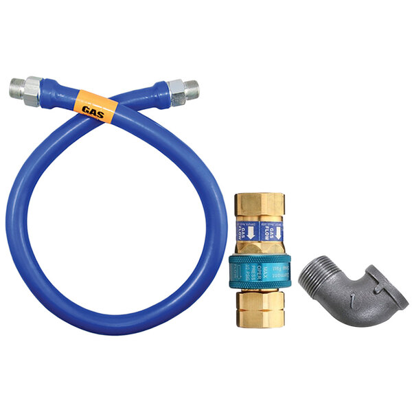 A blue flexible hose with a black and gold fitting and a black pipe.