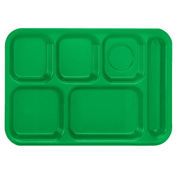 A green rectangular Vollrath tray with six compartments.