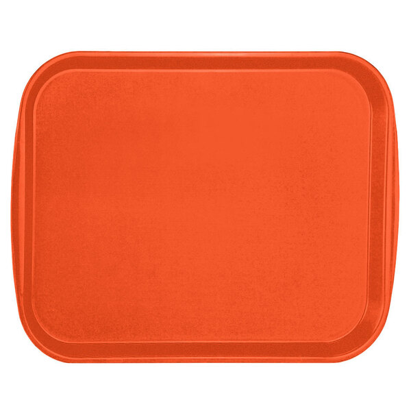 An orange rectangular Vollrath plastic fast food tray with built-in handles.