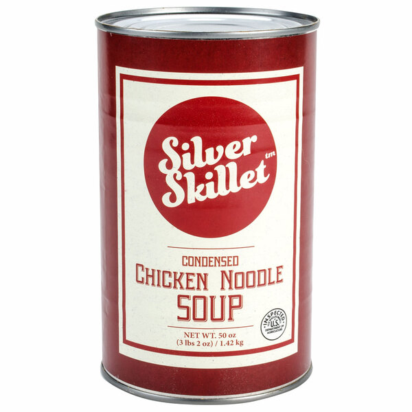 A case of silver cans of Chicken Noodle Soup with a white label.