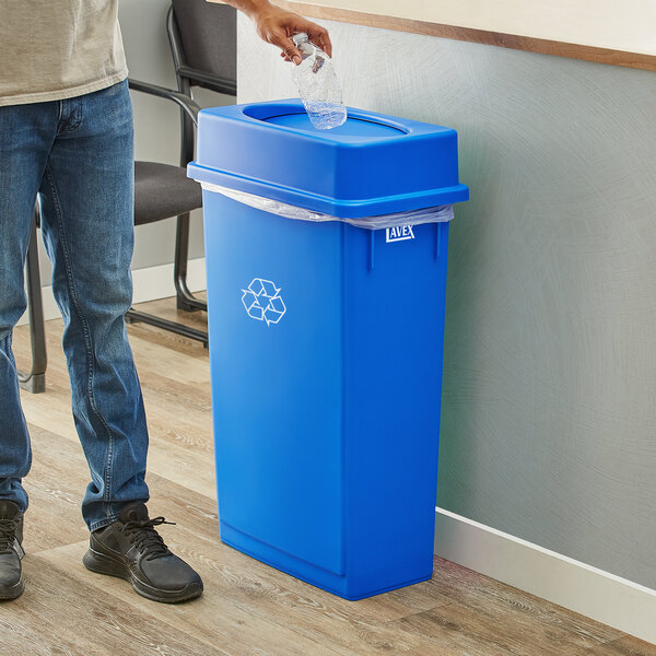 Lavex 23 Gallon Blue Slim Rectangular Recycling Can and Blue Drop