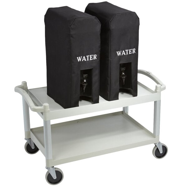 A black serving cart with two Cambro water dispensers on it.